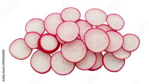 Isolated fresh organic radish slices cut into thin circles arranged beautifully for healthy food concept