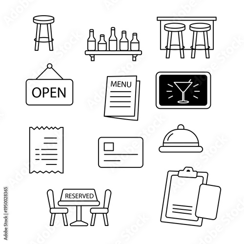 Vector outline icons with restaurant service elements including menu, receipt, tray service, reservation table, open sign and bar furniture for hospitality and cafe design.