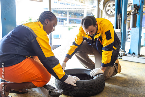 Auto repair shop, small business owner, garage, technology, diversity couple Indian and African woman work together, collaborative teamwork, confident service skills, automobile service workshop.