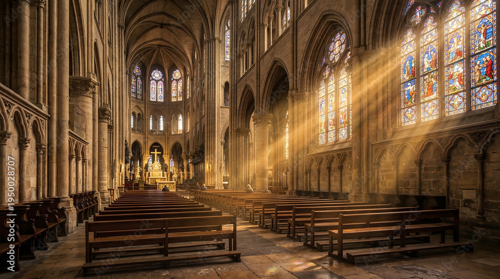 Obraz premium Sun Rays Streaming Through Stained Glass in Ancient Church Interior