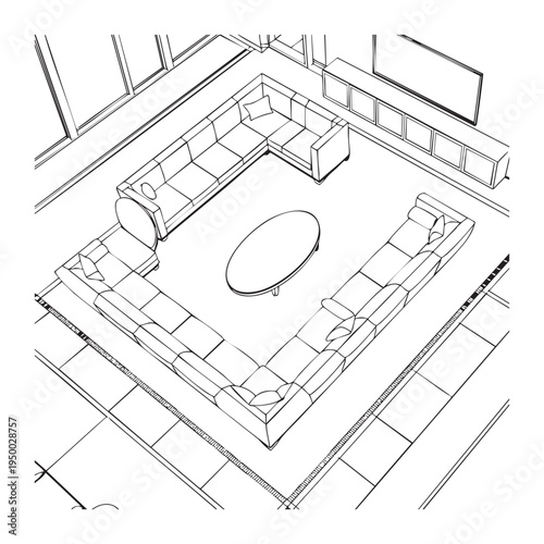 Aerial view of a living room with sectional sofa and oval coffee table on tiled floor