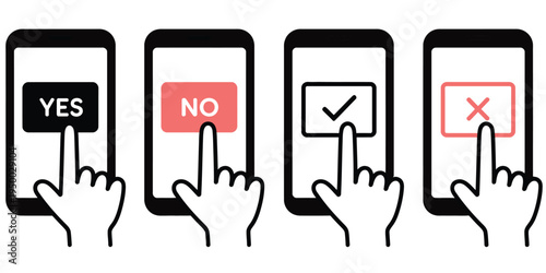 Finger, tap mobile confirmation dialog with yes and no buttons, check mark and cross symbols, UI interaction and user decision interface, clean modern flat vector illustration for apps