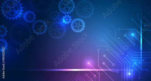 Abstract technology background with gears and digital circuit lines, symbolizing engineering, automation, innovation, and modern industrial technology in blue gradient style.