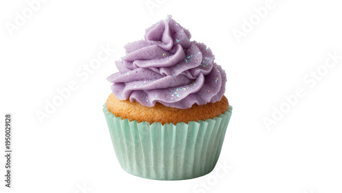 Isolated delicious festive cupcake with lavender buttercream and sparkling sugar dust