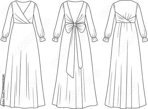 long sleeve elegant maxi dress cad drawing flat vector illustration, featuring front wrap bodice, back bow detail, and flowing skirt design.