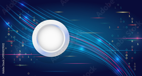 Futuristic technology background with flowing digital lines and binary code around a circular interface, symbolizing data transfer, artificial intelligence, and modern information technology systems.