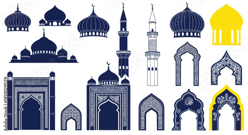 Islamic Architecture Collection: Mosques, Minarets, and Arches - Blue and Yellow Icons