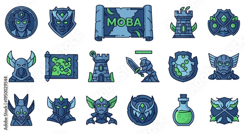 MOBA Game Icons: Heroes, Towers, Scrolls, Potions, Weapons, Shields