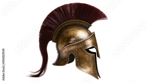 Isolated ancient bronze Corinthian helmet with red crest, historical antique warrior gear