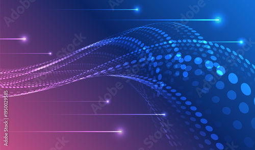Abstract futuristic background with flowing dotted wave and glowing data lines on a purple-blue gradient, representing digital communication, big data flow, and modern technology networks.