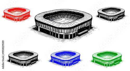 Stadium Collection: Sketch Art of Sports Arena in Red, Blue, Green and Black & White