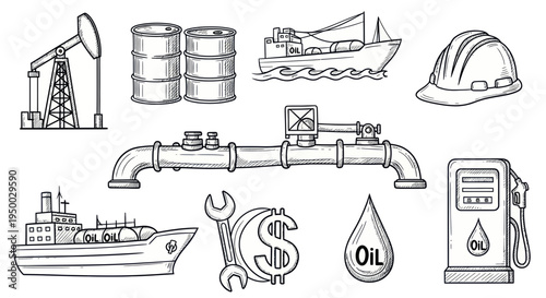 Oil Industry Icons: Pumpjack, Barrels, Ships, Pipeline, Gas Pump, Wrench, Helmet