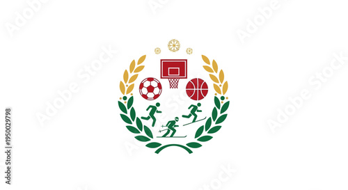 Sports Emblem Vector Illustration with Laurel Wreath, Basketball, Soccer, Skiing, Running Icons