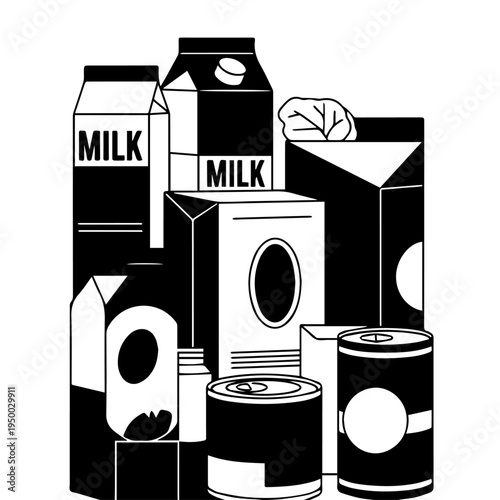 Graphic Illustration of Diverse Packaged Food Products for Grocery Shopping and Storage Needs