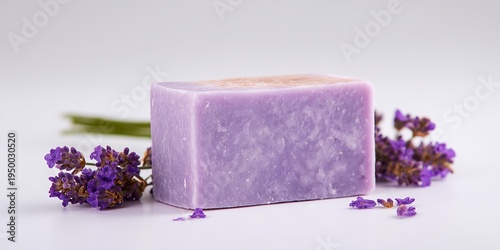 Purple soap bar beside lavender flowers