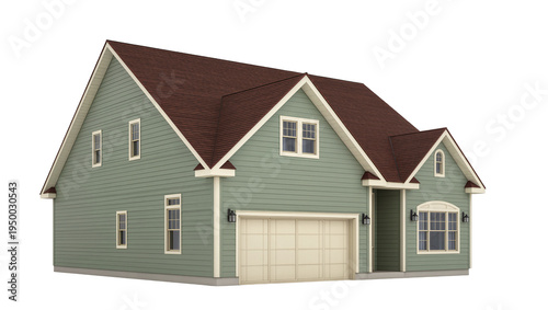 Isolated modern two-story suburban residential house with sage green siding, dark brown roof