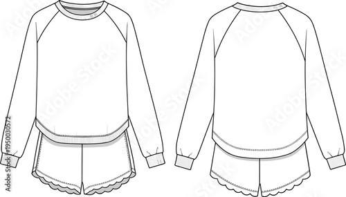 Long sleeve women’s lounge set with scalloped shorts and raglan sweatshirt, cozy sleepwear flat vector cad illustration