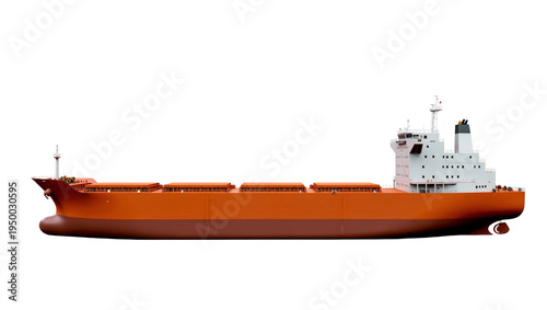 Isolated modern bulk carrier cargo ship with orange hull and white superstructure, side view.