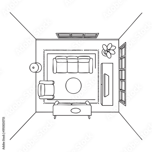 Black and white floor plan of a living room with furniture and a fireplace sofa