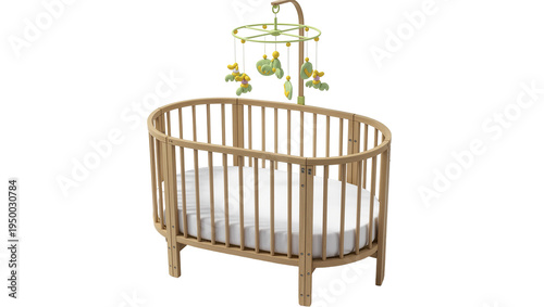 Cuadro en lienzo Isolated baby crib with hanging mobile, oval wooden design for infant nursery ro