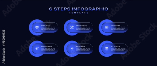 Dark Tech Liquid Glassmorphism Infographic Vector, 6 Step Workflow Flowchart with Icons and Numbers for Business Pitch Deck, Presentation Layout, Banner Background, and Data Visualization