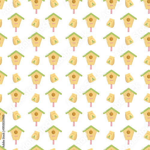 Seamless gardening pattern with birdhouses and seed packets arranged in grid layout, cheerful nature-inspired design for eco themes, textiles, wallpapers, and decorative prints