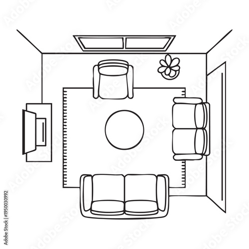 Black and white floor plan of a living room with furniture and windows sofa armchair