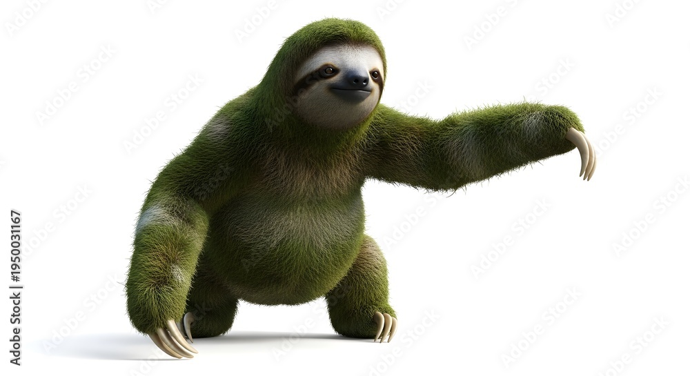 Obraz premium A whimsical 3D rendering of a mossy sloth extending its arm against a clean white background.