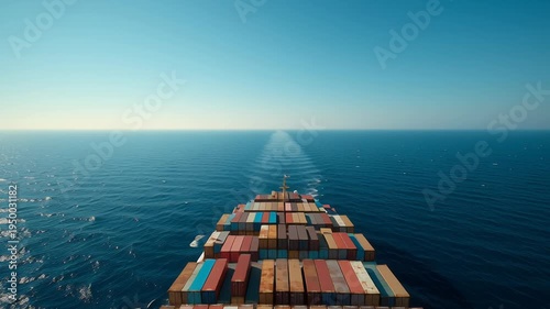container vessel traveling across Strait of Hormuz trade route, calm blue sea and distant horizon, Vast ocean stretches under clear blue sky. Container ship sails straight ahead with cargo stacked 