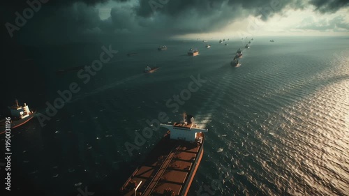 crowded tanker ships navigating Strait of Hormuz during global energy tension, dark clouds above ocean, cinematic maritime realism, Heavy clouds loom over vast ocean waters. Lone cargo ship 