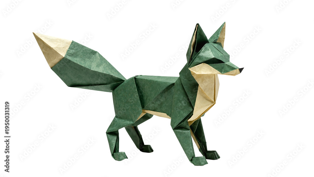Fototapeta premium Isolated geometric paper art of a fox, meticulously folded in shades of green and cream.