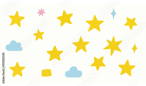 Hand drawn crayon star doodle set with yellow spark stars and cute sky shapes childlike chalk vector illustration isolated on white