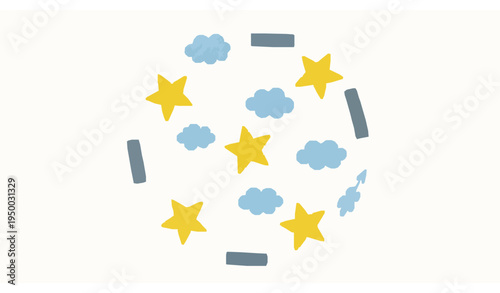 Cute crayon star doodle collection with spark stars and sky motifs childlike chalk drawing vector isolated on white
