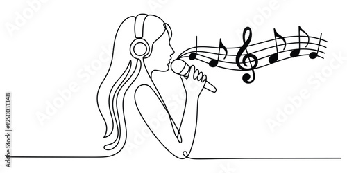 Continuous line drawing of a woman singing into a microphone while wearing large stereo headphones