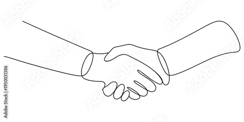 A single continuous line drawing of two people shaking hands representing a formal agreement deal