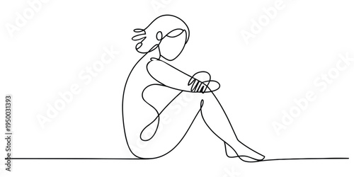 A continuous line drawing of a person sitting alone with their knees held close to their chest