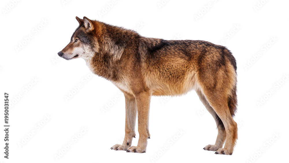 Obraz premium Isolated majestic gray wolf standing, showcasing its powerful form and wild essence