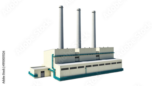 Photography Isolated industrial power plant facility with three chimneys and pipework on exterior