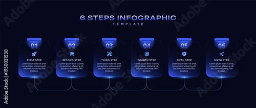 Dark Tech Liquid Glassmorphism Infographic Vector, 6 Step Workflow Flowchart with Icons and Numbers for Business Pitch Deck, Presentation Layout, Banner Background, and Data Visualization