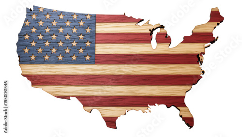 Isolated wooden map of the United States featuring a rustic American flag design, patriotic artwork