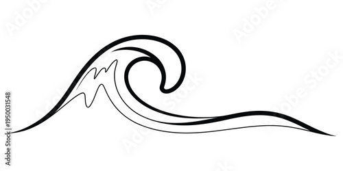 A minimalist black and white line art illustration depicting a single crashing ocean water wave