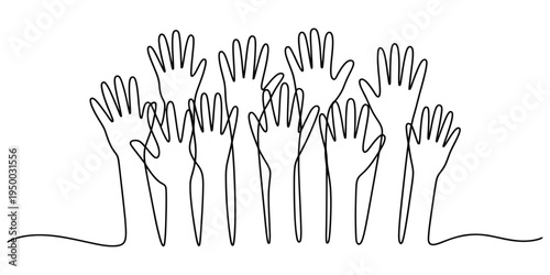 A single continuous line drawing featuring a crowd of many human hands raised high in the air