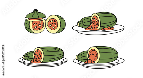 Stuffed Zucchini Plate Line clean modern abstract artwork illustration