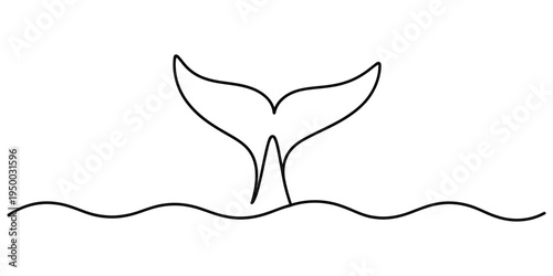Minimalist continuous line drawing illustration of a whale tail emerging from the ocean surface