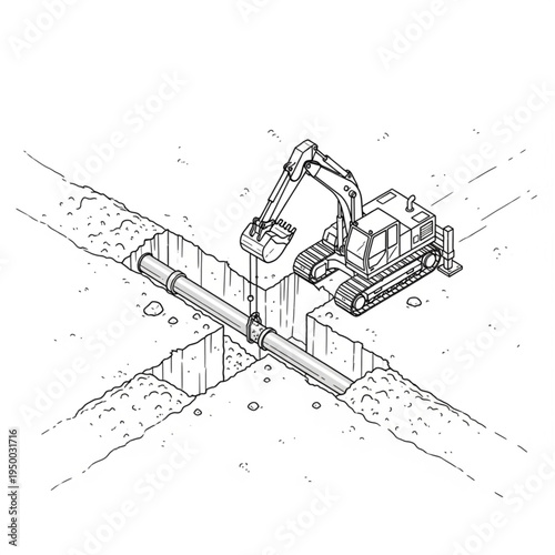 Excavator Digging Trench for Underground Pipe Installation Project.