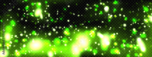 Particle glow and dust light background. Forest firefly green twinkle vector. Magic spell for toxic energy. Fluorescent bokeh effect for neon wild meadow at night. Abstract fantasy confetti explosion