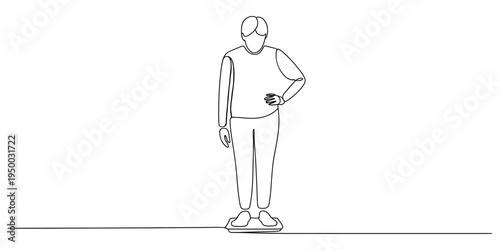 A single continuous line drawing of a person standing on a scale to measure their body weight daily