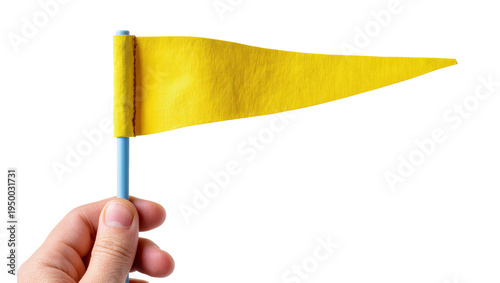 Tableau sur toile Isolated hand holding a small yellow triangular pennant flag ready for marking a