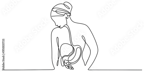 Continuous line drawing of a woman experiencing stomach pain and digestive system discomfort