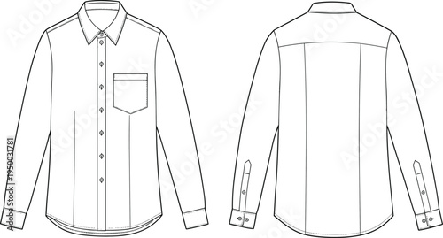 Long sleeve button-up shirt front and back technical sketch, pocket detail, cuff placket design, cad drawing flat vector illustration